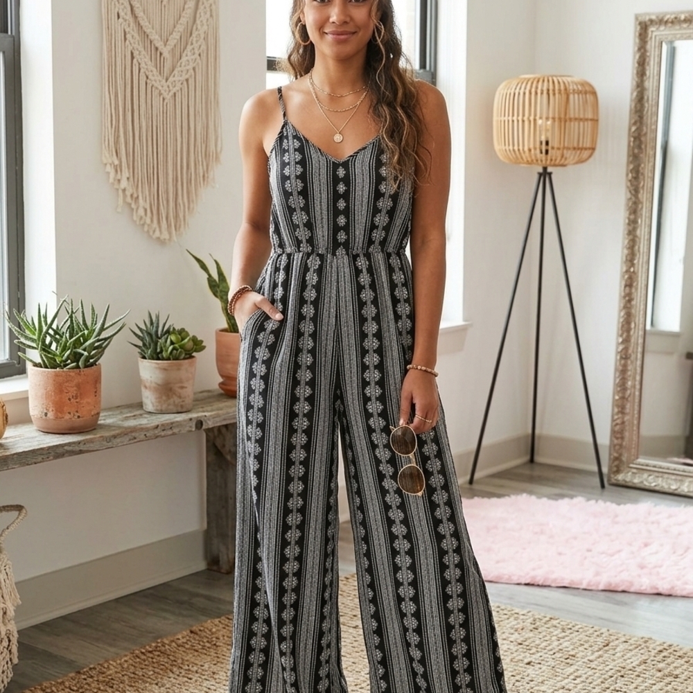 Band of Gypsies Black and Ivory Striped Patterned Wide-Leg Jumpsuit
